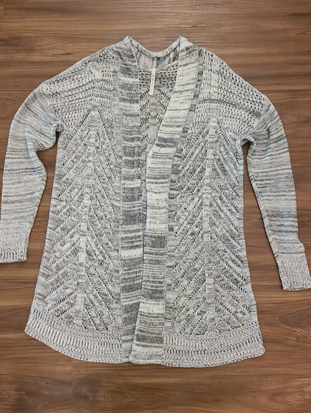 Leo & Nicole Marled Chevron Pointelle Light Gray Open-Front Cardigan Sweater L